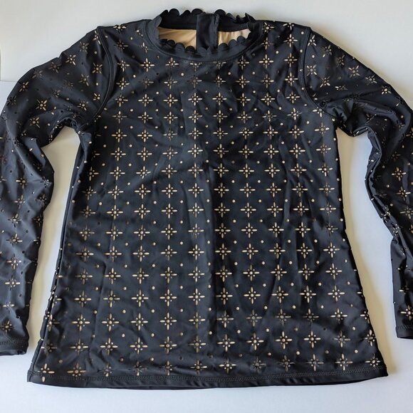 SWIMZIP Small Black Scallop Neck Laser Cut Rash Guard UPF 50+ - Picture 1 of 15